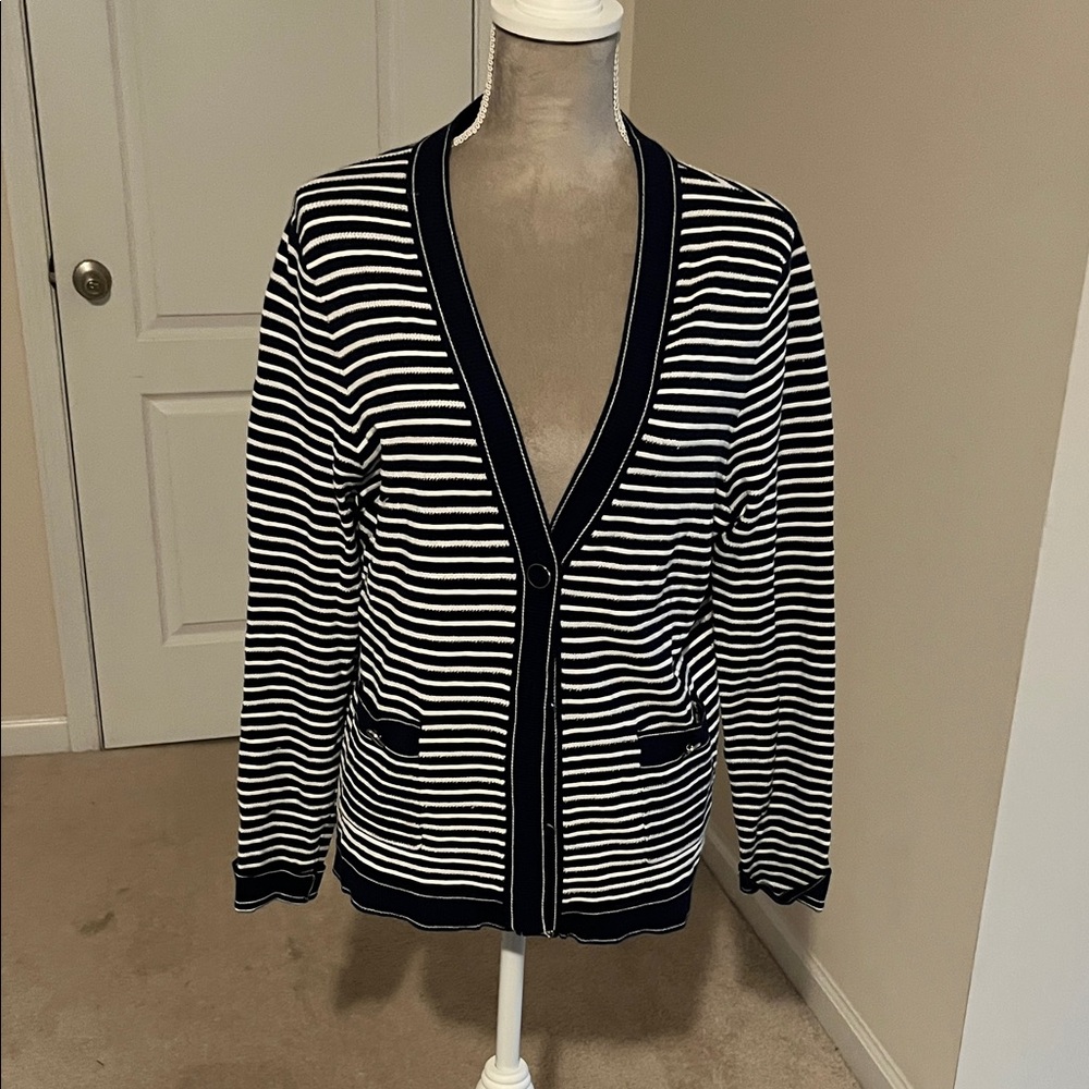 Tahari Black and White Striped Cardigan Sweater